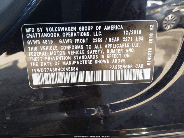 2017 Volkswagen Passat 1.8t R-line მანქანა იყიდება აუქციონზე, vin: 1VWDT7A39HC045584, აუქციონის ნომერი: 45885758