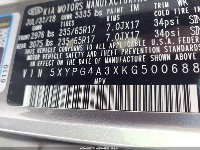 2019 Kia Sorento 2.4l L მანქანა იყიდება აუქციონზე, vin: 5XYPG4A3XKG500688, აუქციონის ნომერი: 45885770