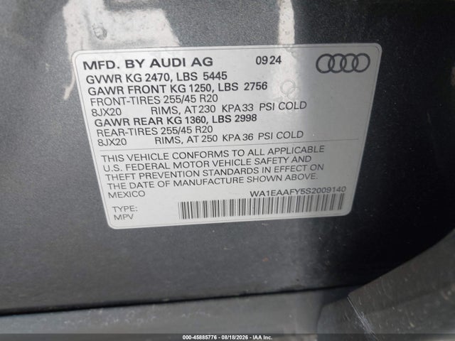 Продажа на аукционе авто 2025 Audi Q5 Premium Plus 45 Tfsi S Line Quattro S Tronic, vin: WA1EAAFY5S2009140, номер лота: 45885776