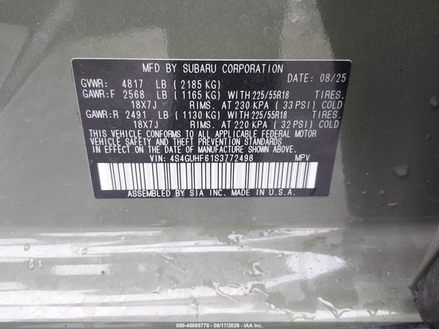 2025 Subaru Crosstrek Sport მანქანა იყიდება აუქციონზე, vin: 4S4GUHF61S3772498, აუქციონის ნომერი: 45885778