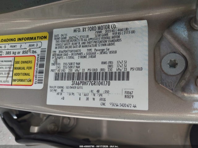 Продажа на аукционе авто 2016 Ford Fusion Se, vin: 3FA6P0H77GR104170, номер лота: 45885790