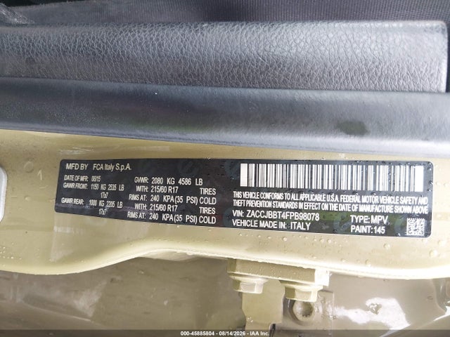 Продаж на аукціоні авто 2015 Jeep Renegade Latitude, vin: ZACCJBBT4FPB98078, номер лоту: 45885804