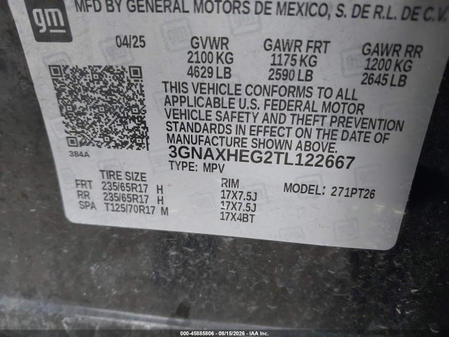 Aukcja sprzedaży 2026 Chevrolet Equinox Fwd Lt, vin: 3GNAXHEG2TL122667, numer aukcji: 45885806