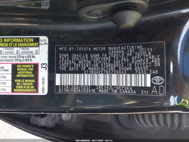Aukcja sprzedaży 2011 Toyota Corolla S, vin: 2T1BU4EE7BC720042, numer aukcji: 45885842