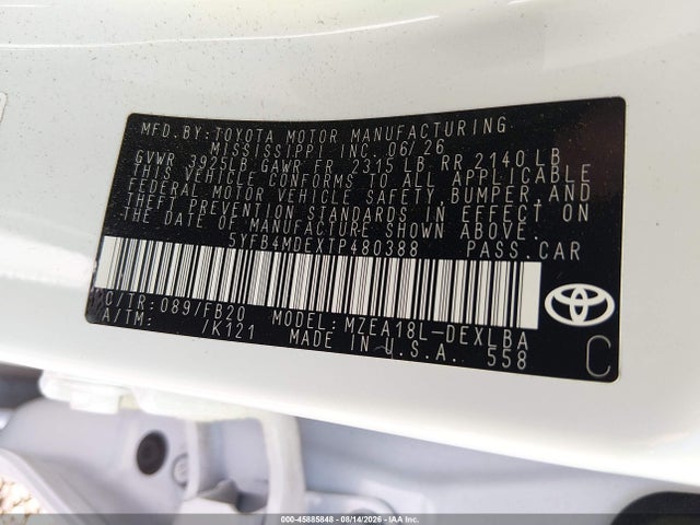 2026 Toyota Corolla Le მანქანა იყიდება აუქციონზე, vin: 5YFB4MDEXTP480388, აუქციონის ნომერი: 45885848