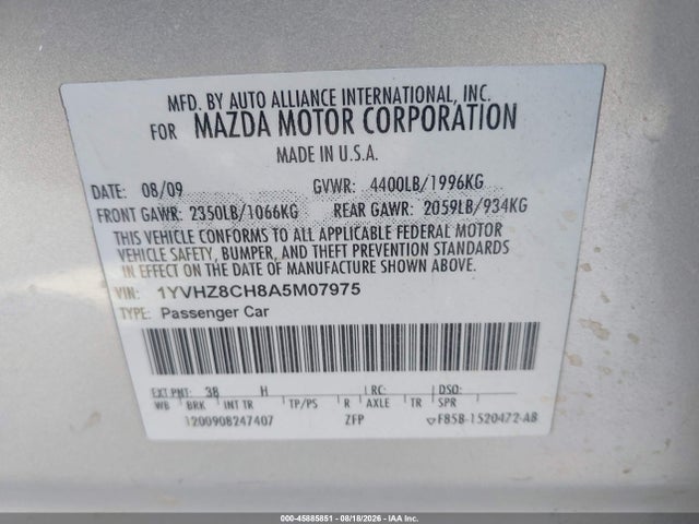 45885851 :رقم المزاد ، 1YVHZ8CH8A5M07975 vin ، 2010 Mazda Mazda6 I Touring Plus مزاد بيع