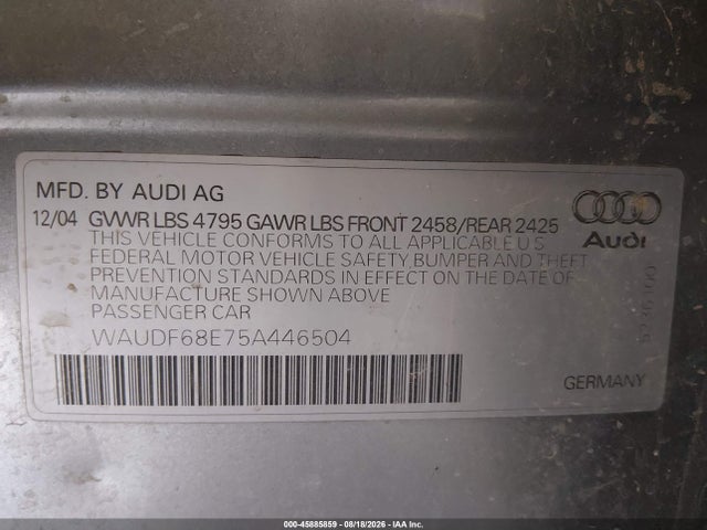Продажа на аукционе авто 2005 Audi A4 2.0t, vin: WAUDF68E75A446504, номер лота: 45885859