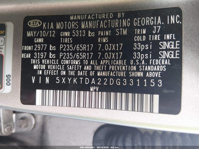 2013 Kia Sorento Lx V6 მანქანა იყიდება აუქციონზე, vin: 5XYKTDA22DG331153, აუქციონის ნომერი: 45885861