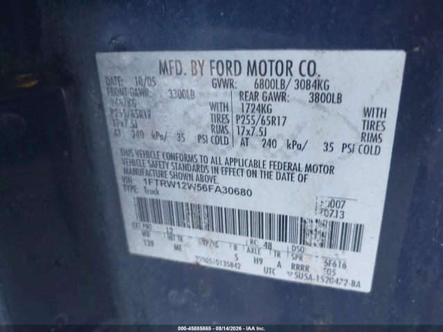 Продажа на аукционе авто 2006 Ford F-150 Xlt, vin: 1FTRW12W56FA30680, номер лота: 45885865