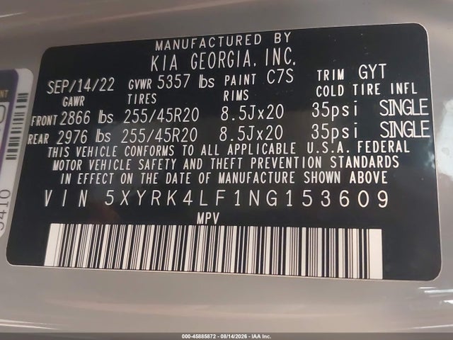 2022 Kia Sorento Sx მანქანა იყიდება აუქციონზე, vin: 5XYRK4LF1NG153609, აუქციონის ნომერი: 45885872