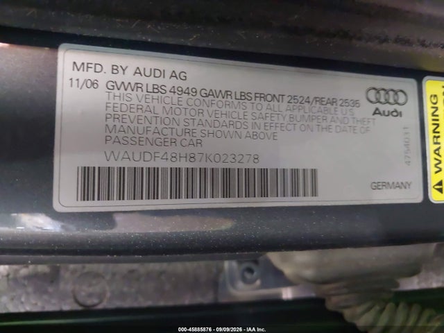 Aukcja sprzedaży 2007 Audi A4 2.0t, vin: WAUDF48H87K023278, numer aukcji: 45885876