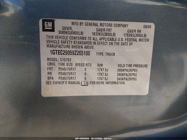 Продажа на аукционе авто 2009 Gmc Sierra 1500 Sle, vin: 1GTEC29059Z265100, номер лота: 45885885