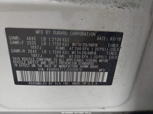 2018 Subaru Outback 2.5i Touring მანქანა იყიდება აუქციონზე, vin: 4S4BSATC1J3339876, აუქციონის ნომერი: 45885889