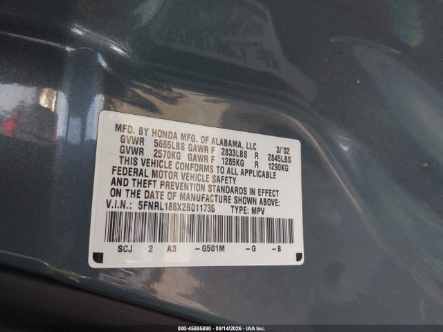 Продаж на аукціоні авто 2002 Honda Odyssey Ex, vin: 5FNRL186X2B011735, номер лоту: 45885890