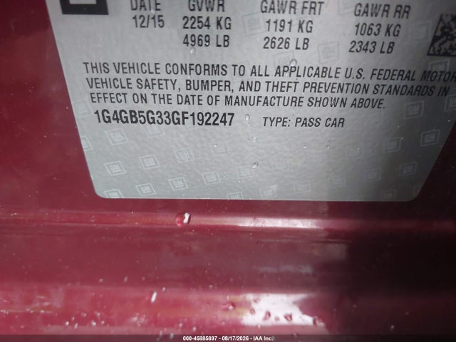 2016 Buick Lacrosse Leather მანქანა იყიდება აუქციონზე, vin: 1G4GB5G33GF192247, აუქციონის ნომერი: 45885897