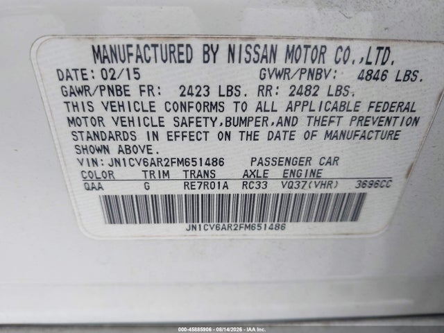 2015 Infiniti Q40 მანქანა იყიდება აუქციონზე, vin: JN1CV6AR2FM651486, აუქციონის ნომერი: 45885906