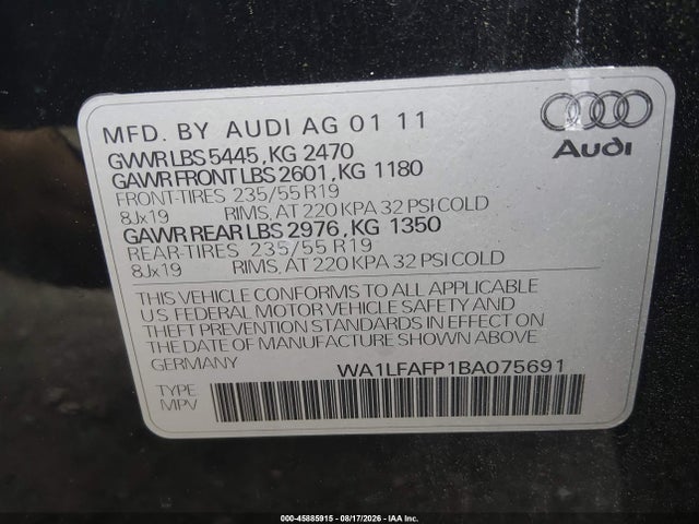 45885915 :رقم المزاد ، WA1LFAFP1BA075691 vin ، 2011 Audi Q5 2.0t Premium مزاد بيع