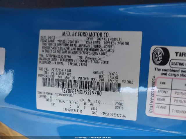 2013 Ford Mustang V6 მანქანა იყიდება აუქციონზე, vin: 1ZVBP8EMXD5219780, აუქციონის ნომერი: 45885921