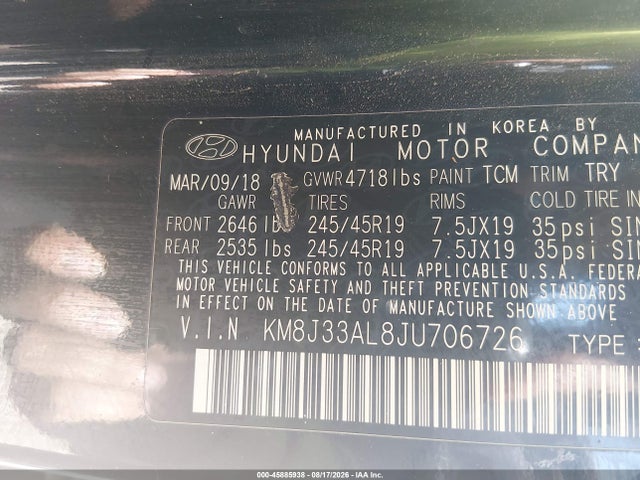 Aukcja sprzedaży 2018 Hyundai Tucson Sport, vin: KM8J33AL8JU706726, numer aukcji: 45885938