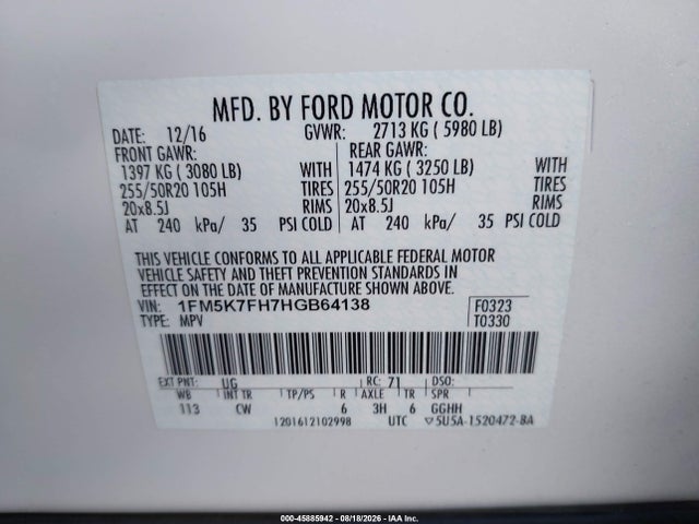 Ford Explorer Limited 2017 1FM5K7FH7HGB64138 Image 9