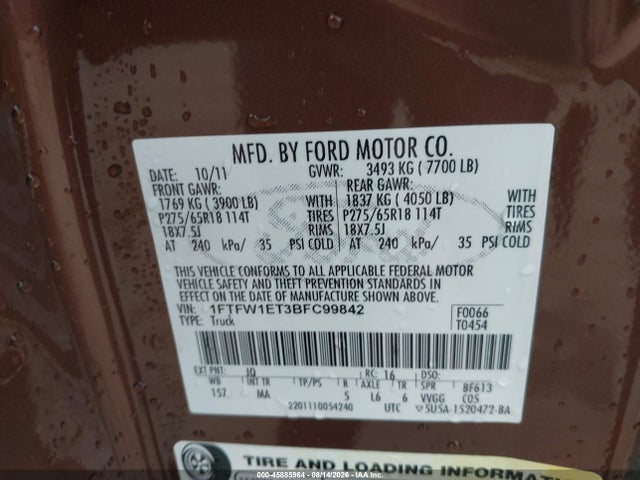 Продажа на аукционе авто 2011 Ford F-150 Xlt, vin: 1FTFW1ET3BFC99842, номер лота: 45885964