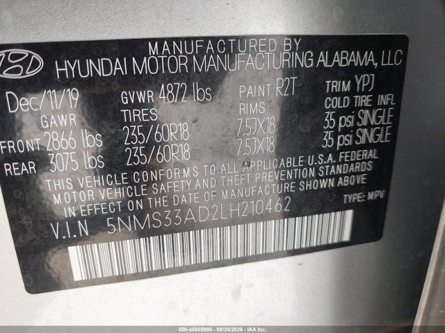 Aukcja sprzedaży 2020 Hyundai Santa Fe Sel, vin: 5NMS33AD2LH210462, numer aukcji: 45885986