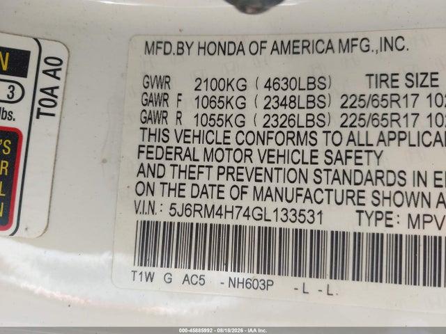 2016 Honda Cr-v Ex-l მანქანა იყიდება აუქციონზე, vin: 5J6RM4H74GL133531, აუქციონის ნომერი: 45885992