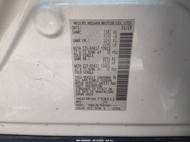 Продаж на аукціоні авто 2019 Nissan Rogue S, vin: 5N1AT2MTXKC759411, номер лоту: 45886005