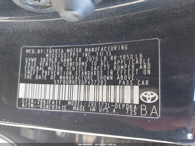 Продаж на аукціоні авто 2016 Toyota Corolla L, vin: 5YFBURHEXGP427283, номер лоту: 45886007