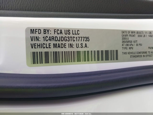 Продаж на аукціоні авто 2026 Dodge Durango Gt Plus Awd, vin: 1C4RDJDG3TC177735, номер лоту: 45886016