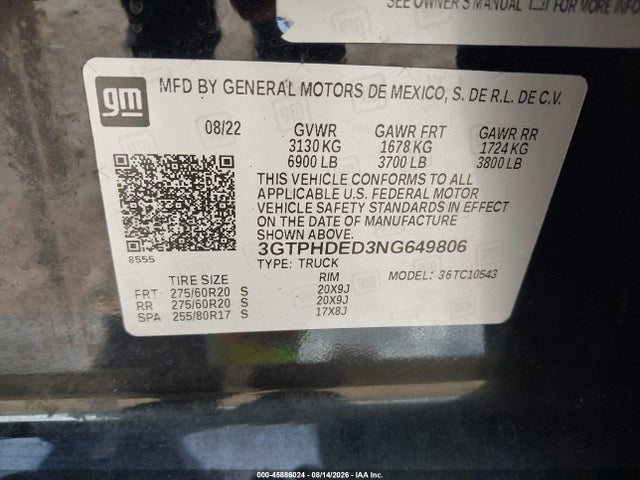 Продажа на аукционе авто 2022 Gmc Sierra 1500, vin: 3GTPHDED3NG649806, номер лота: 45886024