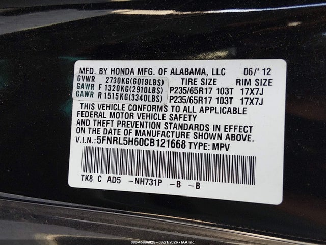 Aukcja sprzedaży 2012 Honda Odyssey Ex-l, vin: 5FNRL5H60CB121668, numer aukcji: 45886025