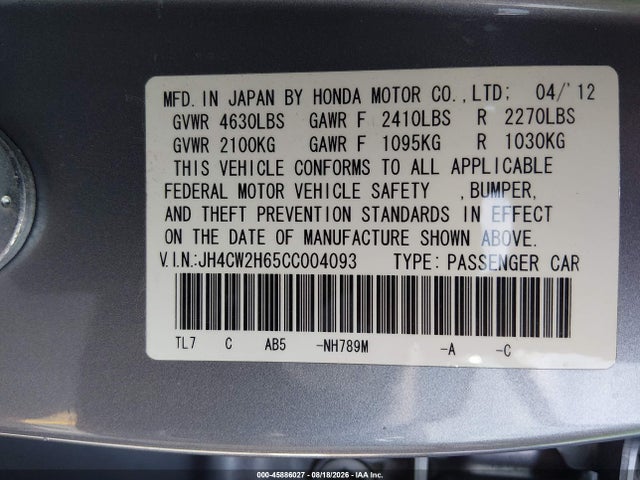 2012 Acura Tsx 2.4 მანქანა იყიდება აუქციონზე, vin: JH4CW2H65CC004093, აუქციონის ნომერი: 45886027