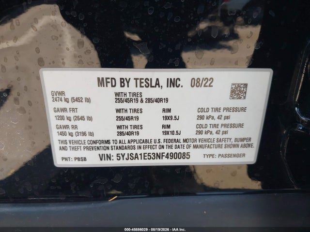 45886029 :رقم المزاد ، 5YJSA1E53NF490085 vin ، 2022 Tesla Model S Dual Motor All-wheel Drive مزاد بيع