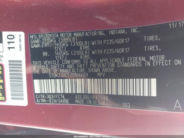 45886030 :رقم المزاد ، 5TDKZ3DC5JS904669 vin ، 2018 Toyota Sienna Le 8 Passenger مزاد بيع