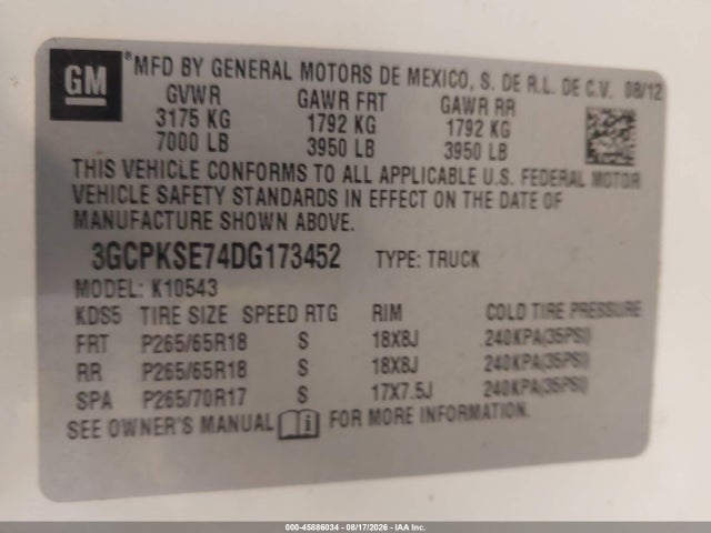 Aukcja sprzedaży 2013 Chevrolet Silverado 1500 Lt, vin: 3GCPKSE74DG173452, numer aukcji: 45886034