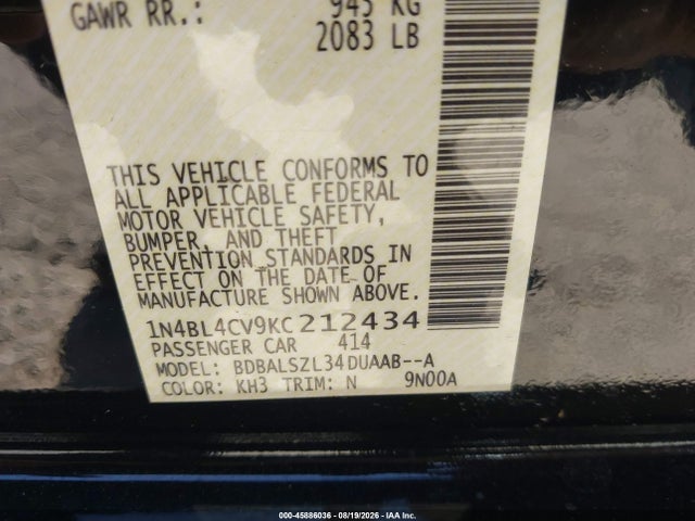 45886036 :رقم المزاد ، 1N4BL4CV9KC212434 vin ، 2019 Nissan Altima 2.5 Sr مزاد بيع