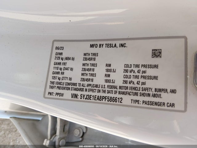 Aukcja sprzedaży 2023 Tesla Model 3 Rear-wheel Drive, vin: 5YJ3E1EA8PF586612, numer aukcji: 45886050