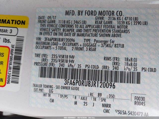 Aukcja sprzedaży 2018 Ford Fusion Hybrid Titanium, vin: 3FA6P0RU8JR120096, numer aukcji: 45886061