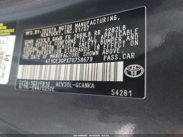 Продажа на аукционе авто 2007 Toyota Camry Solara Se, vin: 4T1CE30PX7U758679, номер лота: 45886063