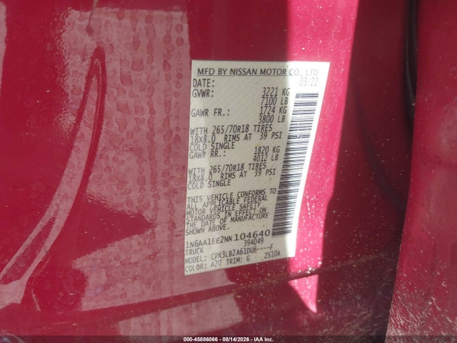 Aukcja sprzedaży 2022 Nissan Titan Sv 4x2, vin: 1N6AA1EE2NN104640, numer aukcji: 45886066