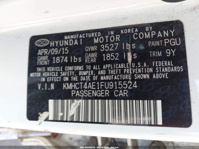 45886070 :رقم المزاد ، KMHCT4AE1FU915524 vin ، 2015 Hyundai Accent Gls مزاد بيع
