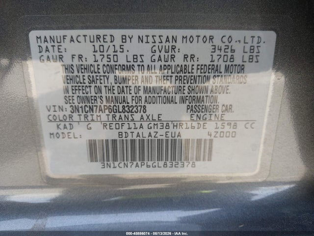 Nissan Versa 1.6 S+ 2016 3N1CN7AP6GL832378 Image 9