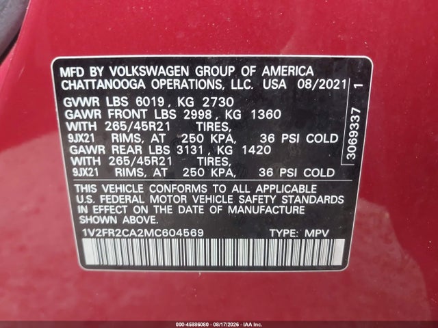 1V2FR2CA2MC604569 Volkswagen Atlas 3.6l V6 Sel Premium R-line