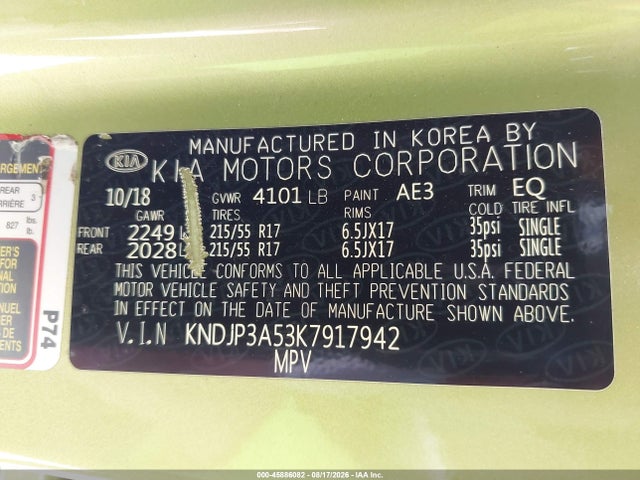 KIA SOUL + 2019 KNDJP3A53K7917942 Image 9