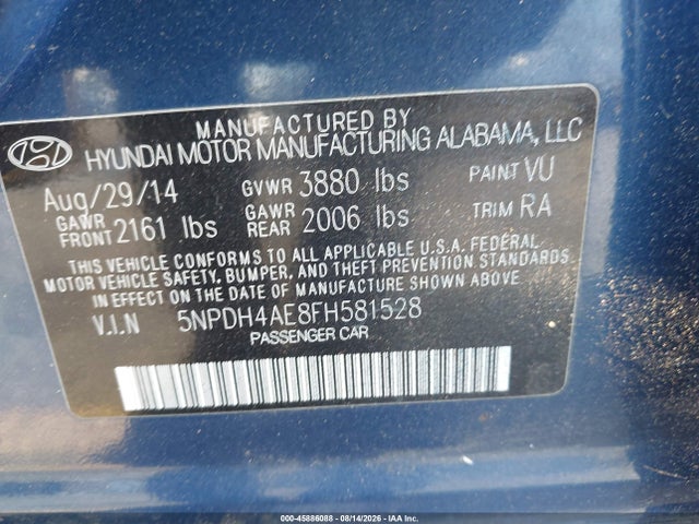 2015 Hyundai Elantra Se მანქანა იყიდება აუქციონზე, vin: 5NPDH4AE8FH581528, აუქციონის ნომერი: 45886088