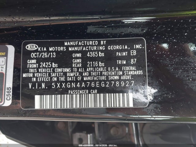 2014 Kia Optima Ex მანქანა იყიდება აუქციონზე, vin: 5XXGN4A76EG278927, აუქციონის ნომერი: 45886098