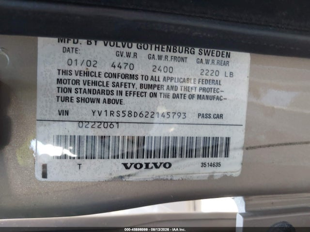 Aukcja sprzedaży 2002 Volvo S60 2.4t, vin: YV1RS58D622145793, numer aukcji: 45886099