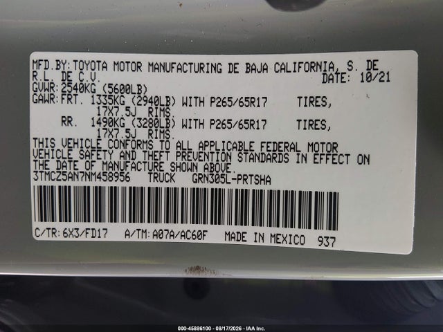 Auction sale of the 2022 Toyota Tacoma Trd Sport, vin: 3TMCZ5AN7NM458956, lot number: 45886100