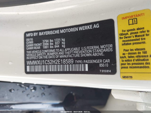 Продаж на аукціоні авто 2017 Mini Hardtop Cooper, vin: WMWXU1C52H2E18589, номер лоту: 45886103